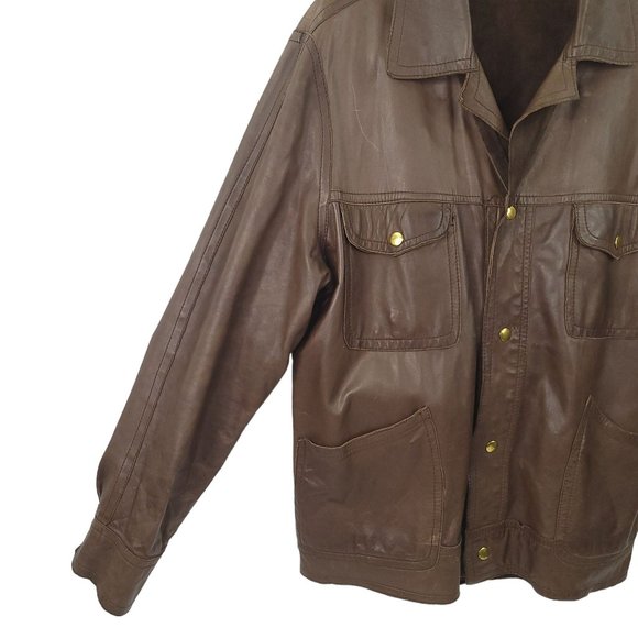 Vintage Brown Leather Snap Front Jacket Men L Made in England Flap Slash Pockets - Picture 14 of 16